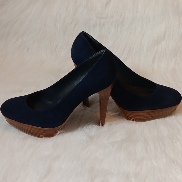 Stuart Weitzman Blue Suede Wooden Heels Size 8.5 M - Picture 7 of 8